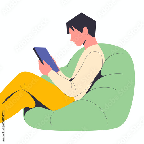 A young person is seated in a cozy bean bag chair, deeply engrossed in reading a book, reflecting tranquility and a love for literature in a serene atmosphere.