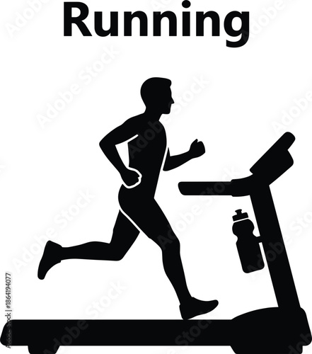 Silhouette of man running on treadmill, indoor cardio workout, fitness training concept, healthy lifestyle exercise, gym equipment illustration, modern sport activity