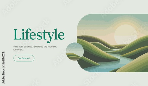 An elegant abstract landscape with rolling hills and a sunrise, highlighting the essence of lifestyle balance and well-being, inviting viewers to embrace tranquility and harmony.