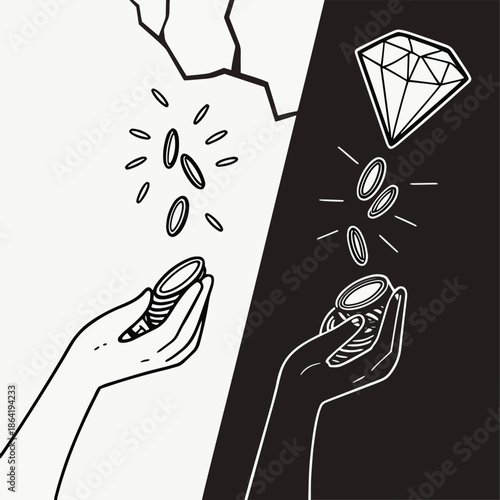 Hands reaching for coins and a diamond illustrating value and contrasting choices