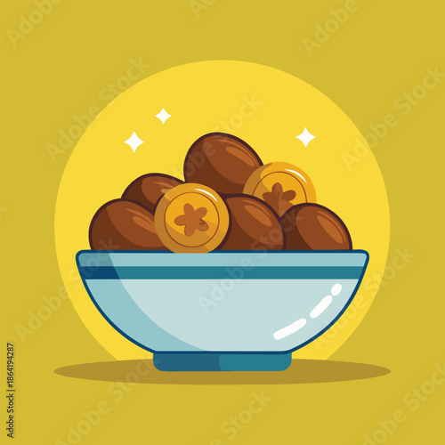 A delightful illustration of chocolate eggs and golden coins in a light blue bowl