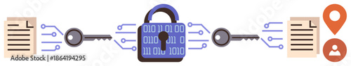 Cybersecurity, data encryption, information security, secure communication, digital privacy, file protection. Blue lock with binary code connected to keys and documents. Cybersecurity and data