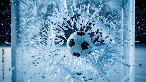 Soccer ball shattering ice in dramatic breaking point