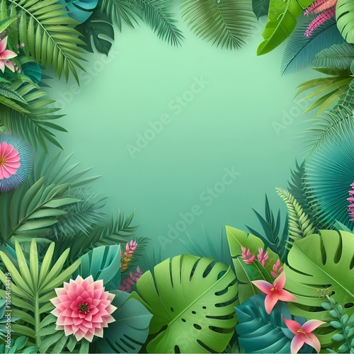 Fresh Exotic Jungle Green with a Hint of Pink Background with a Significant Amount of Blank Space with a Variety of Tropical Foliage including Fern Leaves Palm Fronds Flower Element and Monstera Plant