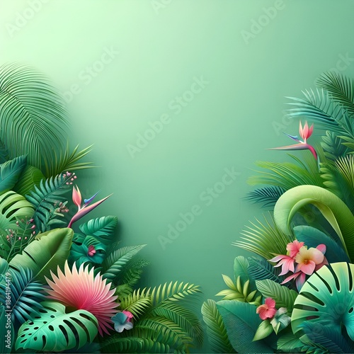 Fresh Exotic Jungle Green with a Hint of Pink Background with a Significant Amount of Blank Space with a Variety of Tropical Foliage including Fern Leaves Palm Fronds Flower Element and Monstera Plant