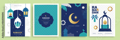 Set of Ramadan Kareem banner, poster, greeting card, cover design with mosque, crescent moon, lanterns and typography in flat geometric style.

