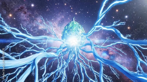 Futuristic green planet with cityscape floating in space