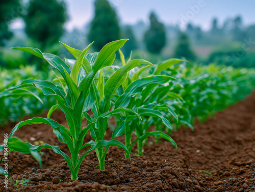 African farmer maize plants rows red soil sub Saharan field