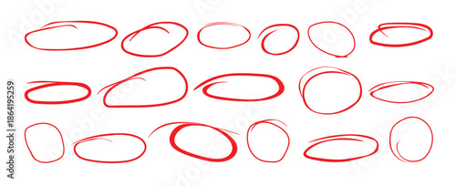 Hand Drawn Red Highlight Markers Circles Set. Sketchy Doodle red Ovals Collection .Emphasis red Highlight Markers. Grunge scratch style set .Vector illustration.