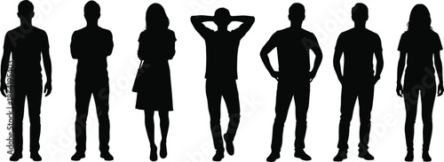 Standing people silhouettes in casual poses diversity concept, men and women icon set for team profile presentation infographic, black vector illustration isolated white background