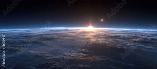 Sunrise over a cloudy alien planet