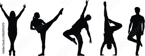 Dance silhouettes collection showing modern ballet yoga poses movement energy concept, flexible people icon set for fitness wellness infographic, black vector illustration isolated white background