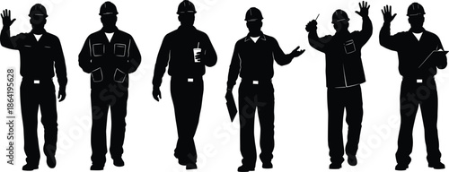 Casual men silhouettes waving walking talking greeting concept, friendly male people icon set for communication teamwork infographic, black vector illustration isolated white background