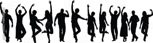 Happy people jumping silhouette group, energetic men women celebrating freedom, teamwork and community spirit with raised arms isolated on white background