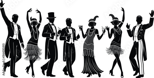 Elegant roaring twenties dance party silhouette, glamorous men and women in vintage flapper dresses and tuxedos celebrating jazz age ballroom nightlife in retro style