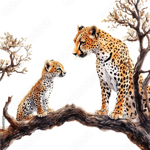 Leopard Mother Grooming Cub, clipart watercolor vector with vivid accents and harmonious tones, isolated on a white background.