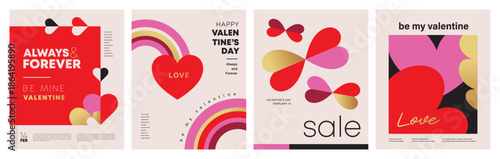 Set of Valentine's Day poster, greeting card, cover, label, sale promotion templates, pattern background in modern trendy geometric style.

