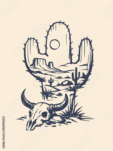 Cactus Desert With Bull Skull Ink Sketch Vector Illustration