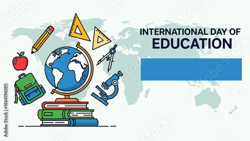 International Day of Education vector banner featuring globe on books stack with learning icons and world map background, clean modern illustration for global education promotion and events