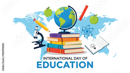 International Day of Education vector banner featuring globe on books stack with learning icons and world map background, clean modern illustration for global education promotion and events