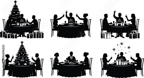 Christmas dinner family silhouette vector set, featuring people celebrating holiday meal with gifts tree and festive table scenes in black seasonal illustration style