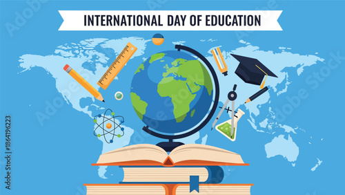 International Day of Education vector banner featuring globe on books stack with learning icons and world map background, clean modern illustration for global education promotion and events