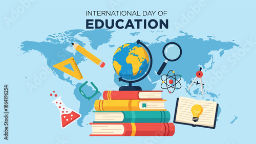 International Day of Education vector banner featuring globe on books stack with learning icons and world map background, clean modern illustration for global education promotion and events