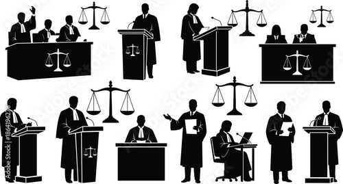 Justice court people silhouette vector set, featuring judges lawyers courtroom scenes with scales of law icons in clean black legal illustration style for design use