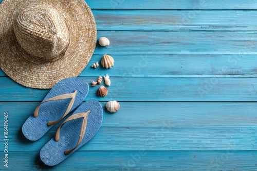 Summer beach accessories on a turquoise wooden background