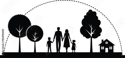Happy family silhouette walking together in nature park with trees and home, safe childhood, parenthood concept, black vector illustration