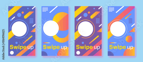 A collection of four vibrant swipe-up templates designed for social media, incorporating bold colors and geometric shapes to engage viewers and encourage interaction.