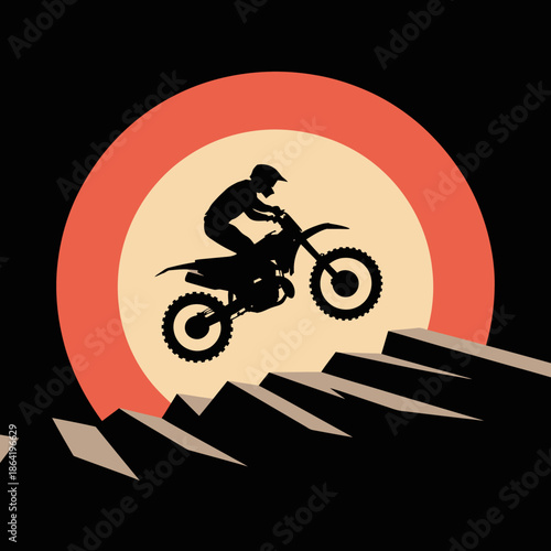 A dynamic silhouette of a motorcyclist jumping over stairs, set against a vibrant red circle, symbolizing adventure and freedom in extreme sports and outdoor activities.