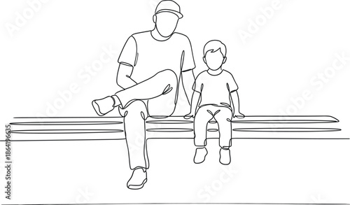 Continuous one line drawing of a father and son sitting on a bench together in a minimalist modern vector style.