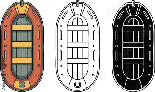 Inflatable boat silhouette & Outline and illustration set isolated on transparent background