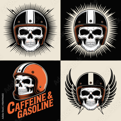 A bold and stylish skull design themed around caffeine and gasoline, embodying a lifestyle of adrenaline, power, and fuel for engine enthusiasts.