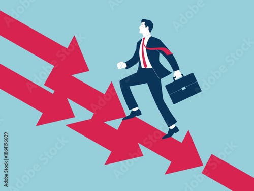 This illustration depicts a businessman confidently ascending red arrows, symbolizing his journey of success, growth, and overcoming obstacles in the corporate world.