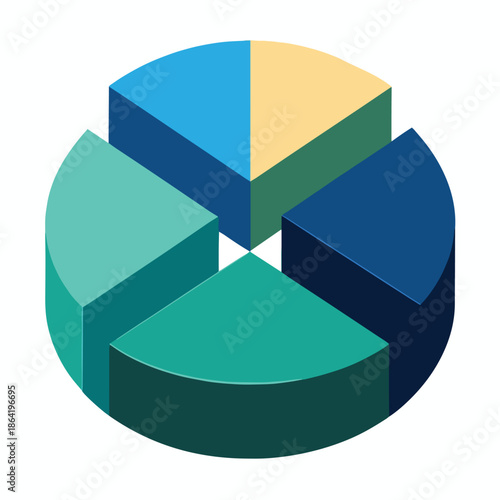 Isometric three dimensional pie chart displaying proportional data segments in varying colors