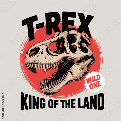 An eye-catching illustration featuring a T-Rex skull with striking details, representing the fascination with paleontology and the raw power of the king of dinosaurs on a graphic background.