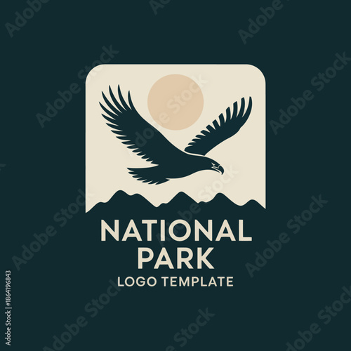 An artistic logo template featuring an eagle soaring above mountains with a sun, ideal for branding national parks and outdoor activities emphasizing nature and wildlife.