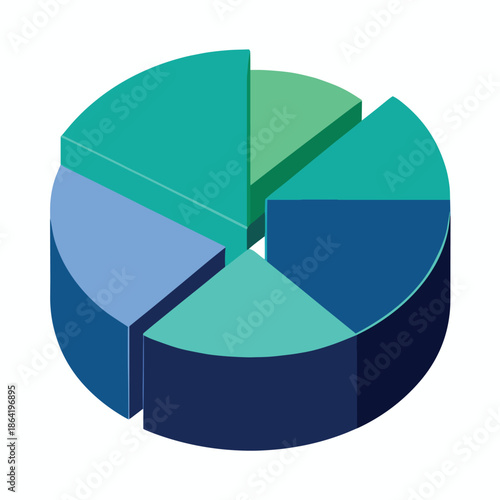 A vibrant three dimensional pie chart displaying proportional data segments in varying shades of blue and green