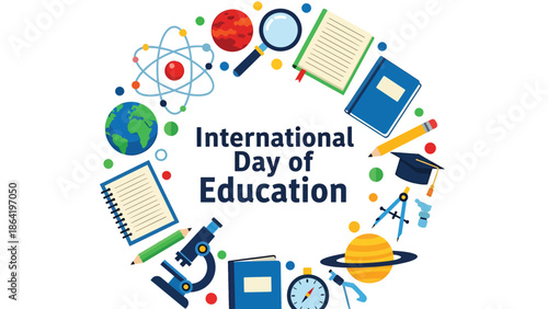 International Day of Education background with science tools, notebooks, compass, and planets, modern flat vector illustration celebrating curiosity, discovery, and lifelong learning