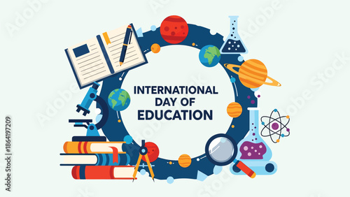International Day of Education background with science tools, notebooks, compass, and planets, modern flat vector illustration celebrating curiosity, discovery, and lifelong learning