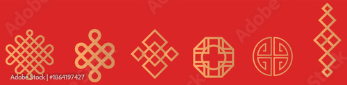 Golden traditional chinese auspicious symbols and decorative knots on a vibrant red background