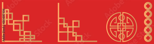 Elegant chinese traditional golden patterns featuring shou symbol and lucky coins on vibrant red
