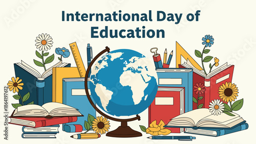 International Day of Education vector design showing globe surrounded by books, stationery, and plants, modern flat illustration promoting global access to education and learning equality