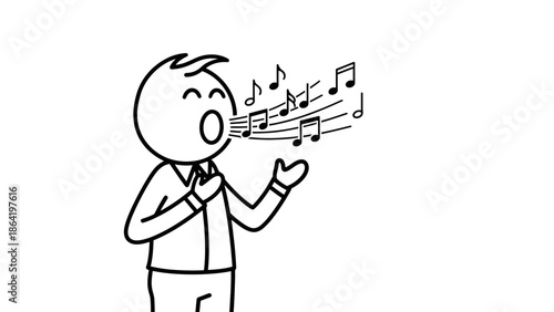 Happy Stick Figure Person Singing Joyfully with Musical Notes on Isolated White Background