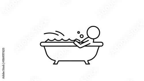 Happy Stick Figure Person Taking a Relaxing Bubble Bath in a Bathtub on Isolated White Background