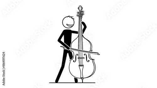 Stick figure musician playing a double bass or contrabass instrument on an isolated white background.