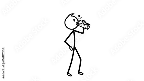 Stick Figure Person Drinking from a Glass on Isolated White Background