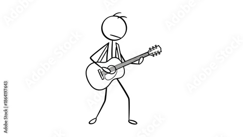 Stick Figure Person Playing Acoustic Guitar on Isolated White Background